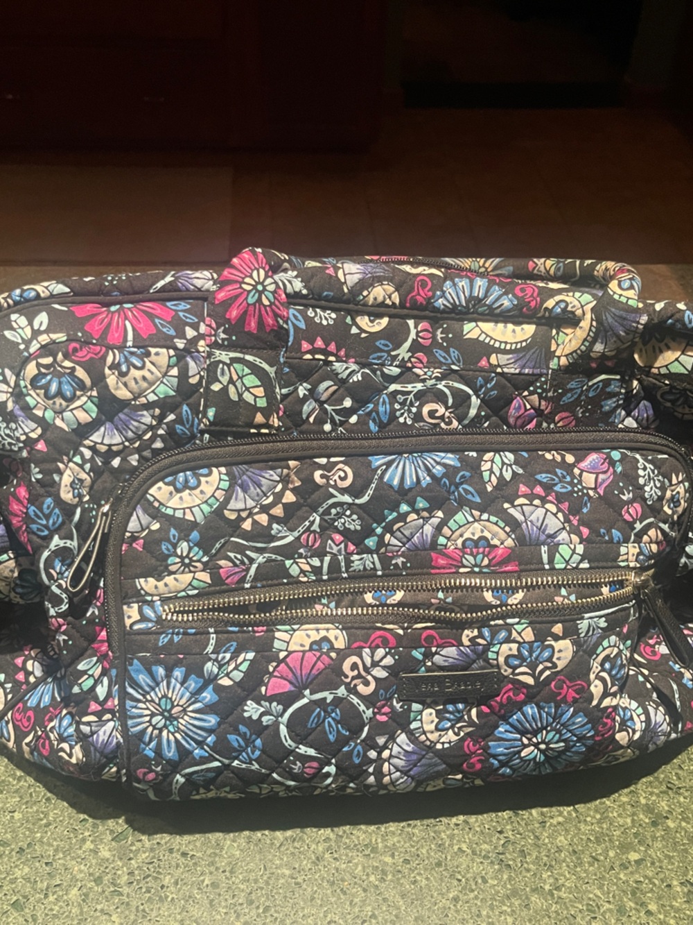 Vera Bradley Black Floral Quilted Crossbody with Pink & Blue Accents